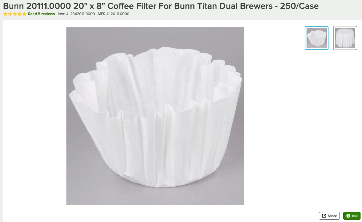 Bunn Coffee Filters for Titan Brewers - 20" x 7.75" - 3 gallon - 250 count (Bunn 20111.0000)